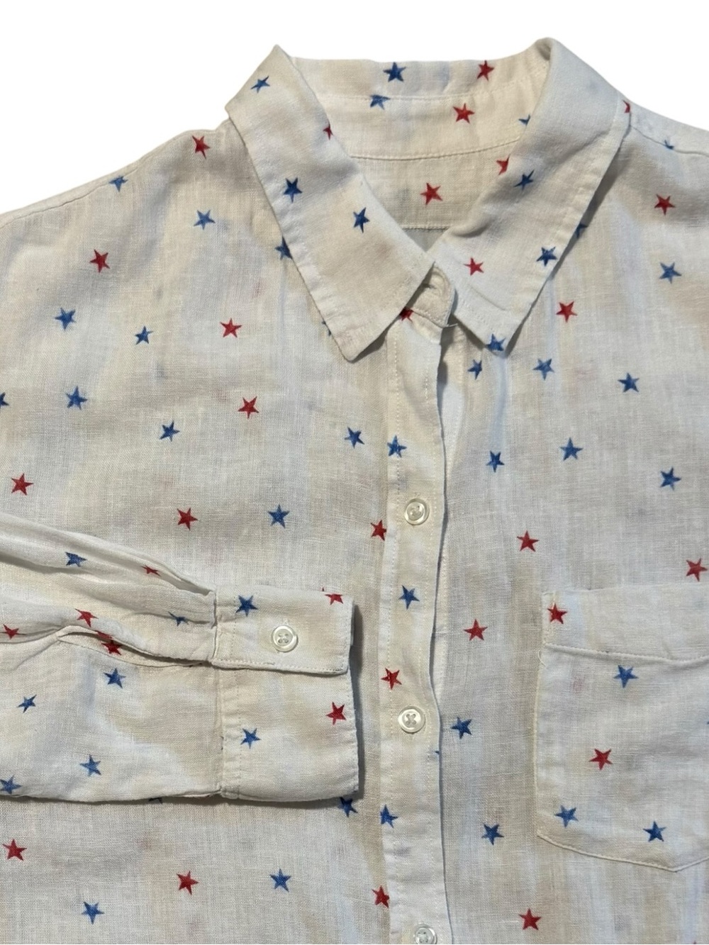 Rails Star Print Button Down Shirt White Red Blue Linen Blend Medium - Picture 8 of 11